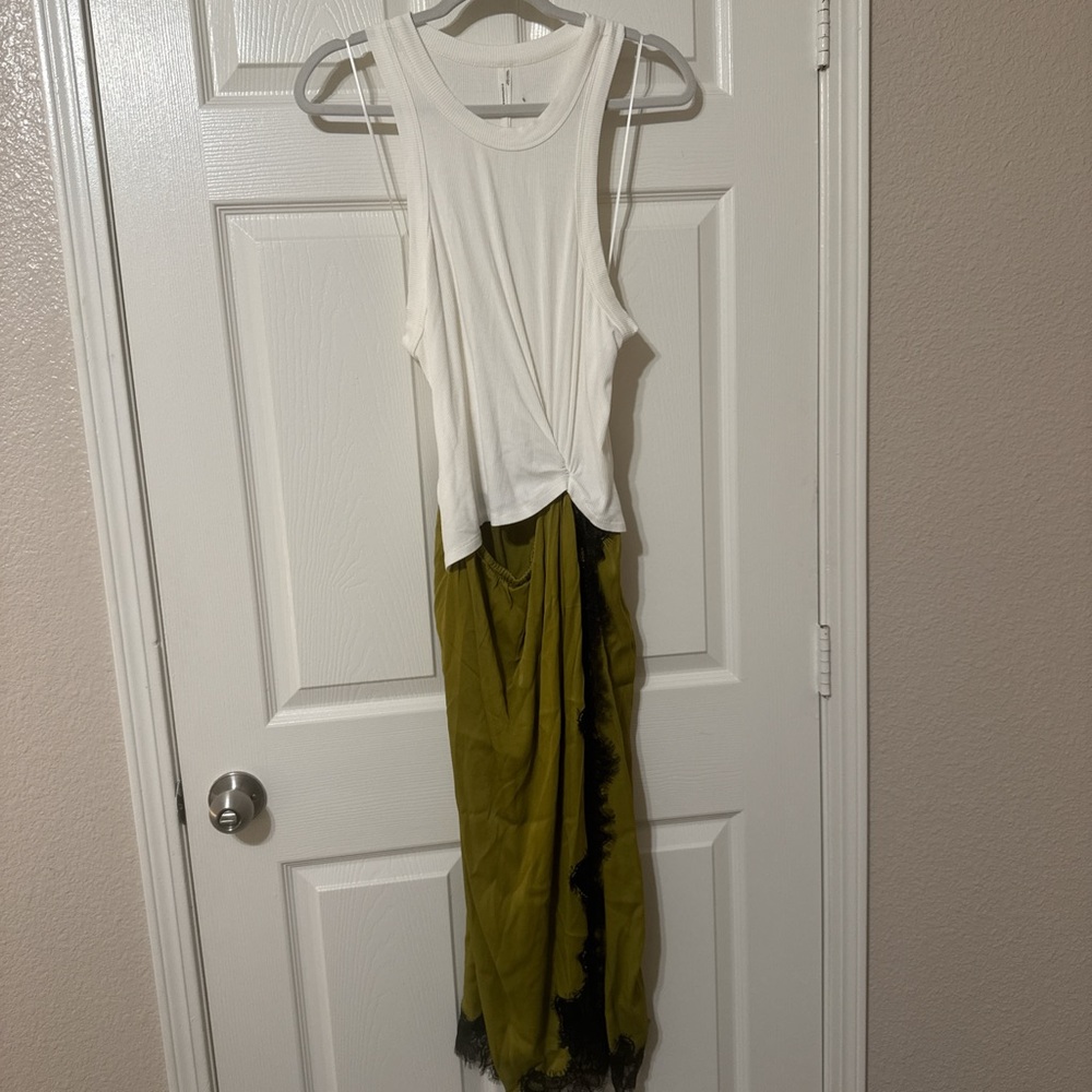 Anthropologie White and Olive Maxi Dress